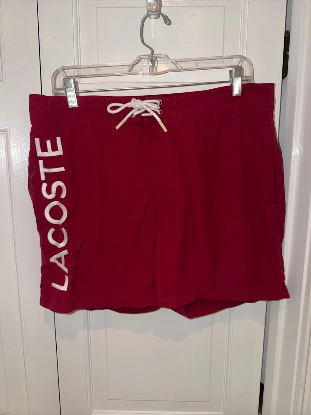 Lacoste Men's Deep Red Athletic Swim Shorts with Side Logo